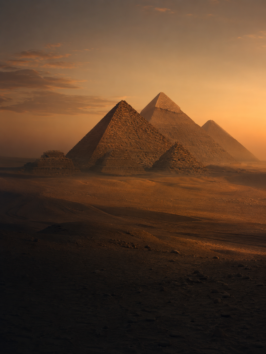 The Giza pyramids at dusk in desert haze, Cairo